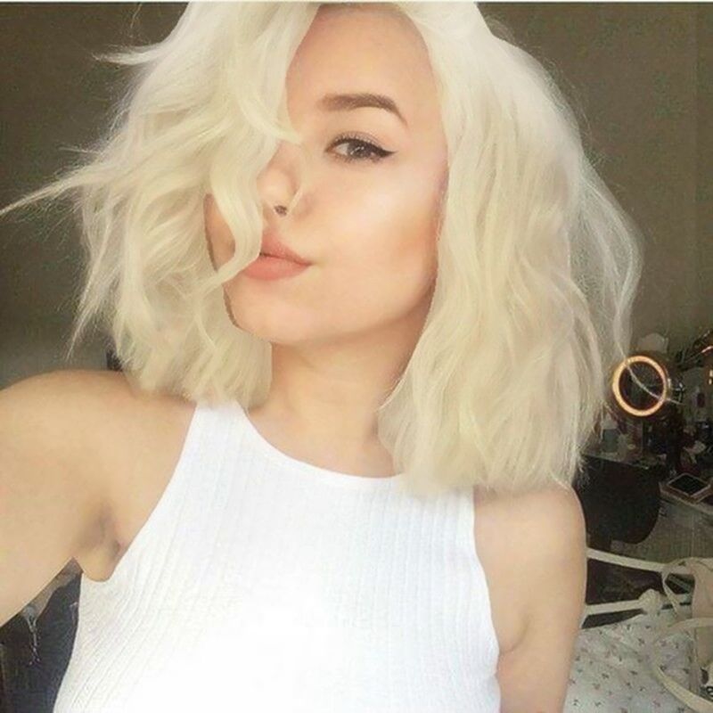 New Bob Lace Front Wig Short Platinum Blonde Wavy Lace Synthetic