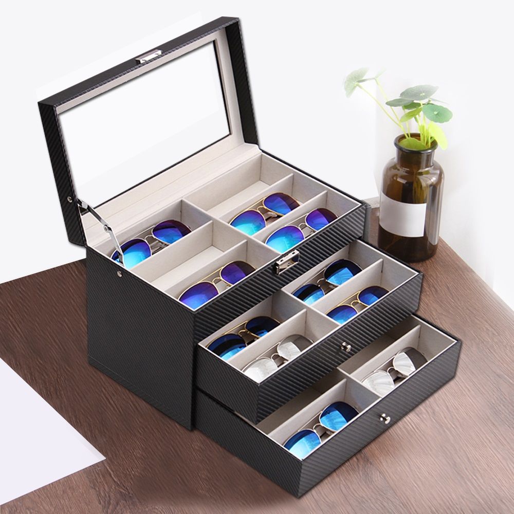 Three Layers 18 Grid Sunglasses Box Eyeglass Storage Organizer Drawer