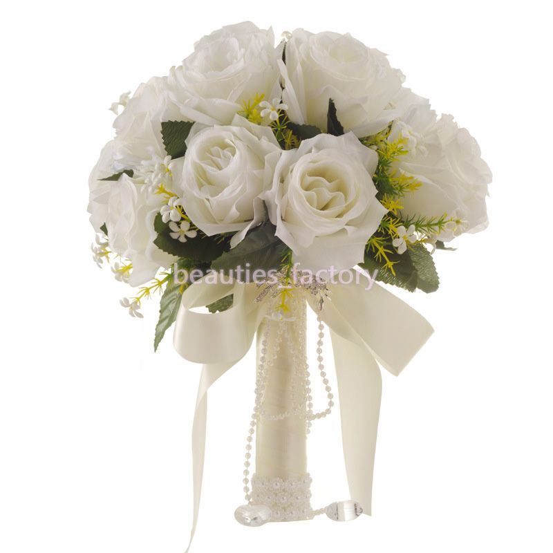 22cm White Silk Wedding Bridal Bouquet Artificial Rose With Ribbon