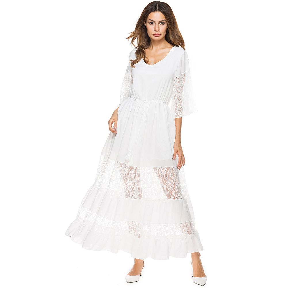 Elegant Women S Maxi Dress Sheer Lace Splice Half Sleeves White Beach Dress V Neck Elastic Waist Evening Party Long Dresses 2019