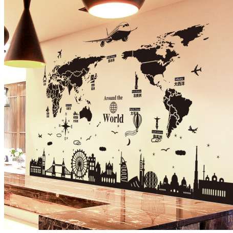 shijuehezi world map wall stickers diy europe style buildings wall