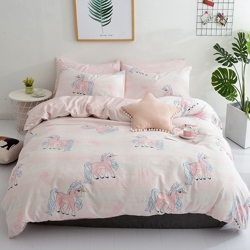 4pcs White Pink 100 Cotton Bedding Set Soft Bed Sheet King Queen Single Size Unicorn Duvet Cover Sets Pillowcase