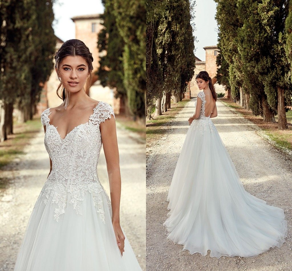Discount 2019 Elegant Ivory Capped Sleeves Lace Wedding Dresses Sexy