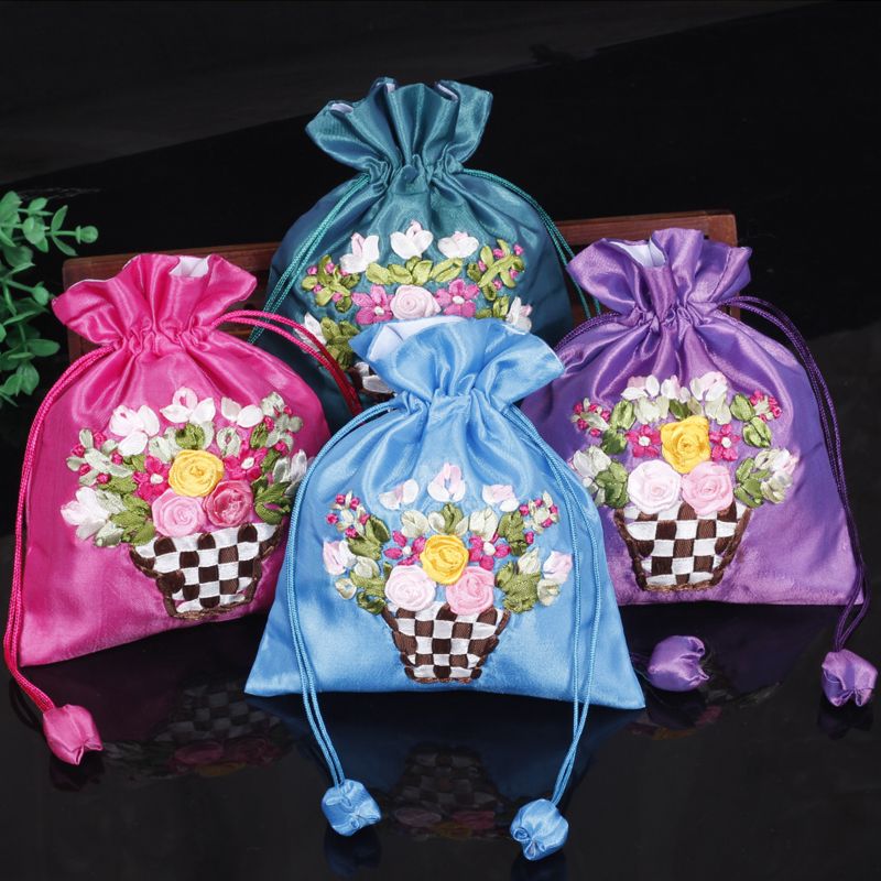 Hand Ribbon Embroidery Flower Large Gift Bag Christmas Party Favor Bags