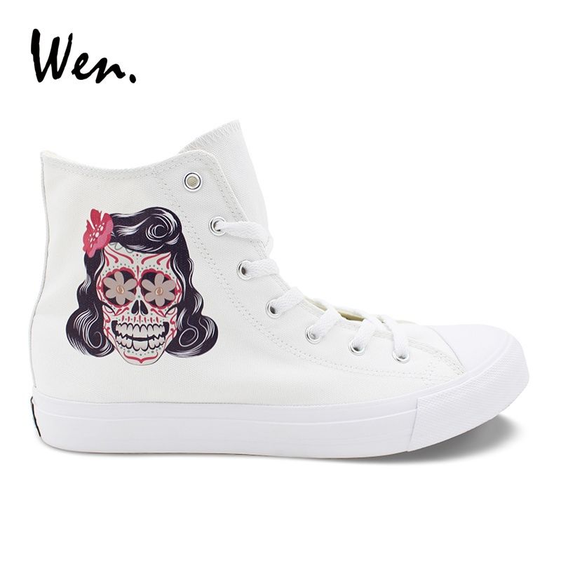 Wen Original Design Série Skull Chaussures Tattoo Totem Rouge Rose Fleur Femmes Hommes Casual Toile Baskets Blanc Noir Hauts