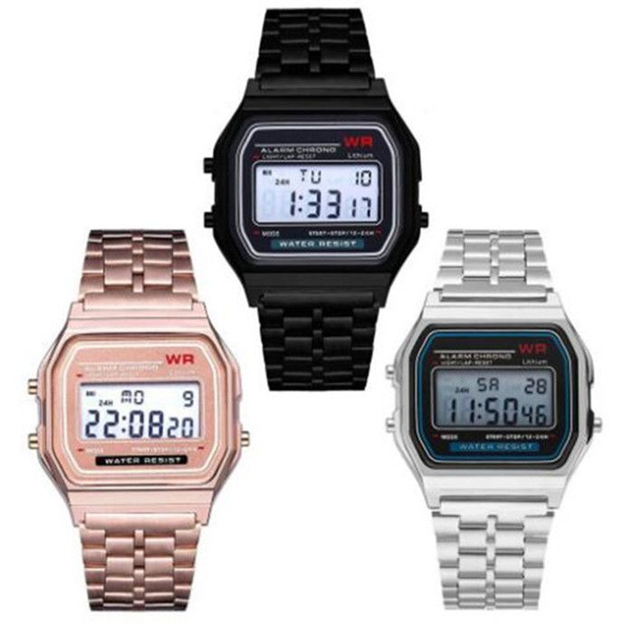 F 91W LED Electronic Watch Mens Sports Watches Stainless Steel Digital