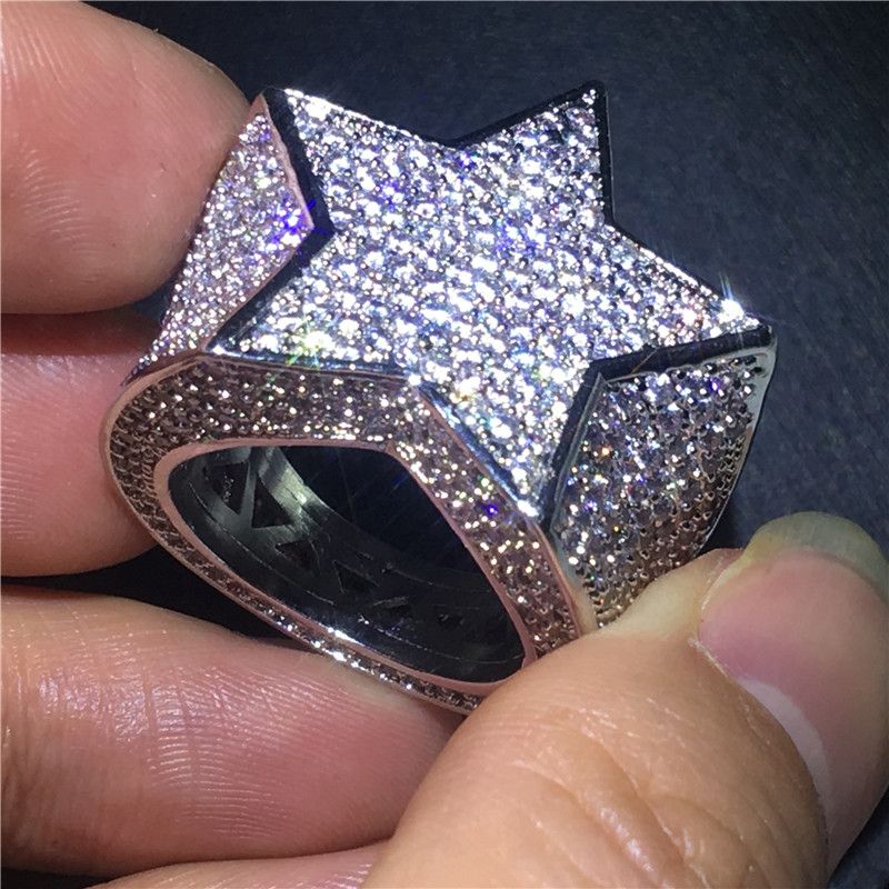 2020 Luxury Big Star Hiphop Ring Pave Setting 5A Zircon Stone White ...