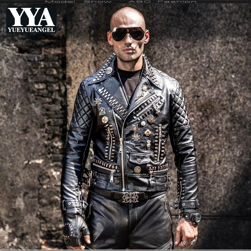 2019 New Motorcycle Pu Faux Leather Jackets Men Hip Hop Rivet Punk Style Lapel Fashion Zipper Coats Korean Slim Male Overcoats