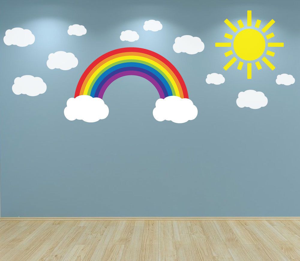 W307 Rainbow Clouds And Sun Wall Art Decal Sticker For Nursery Bedroom Decals Playroom Baby Room