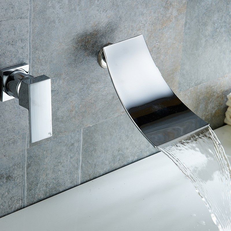 Bathtub Faucet Chrome Black Brass Wall Mount Waterfall Bathroom Big Square Spout Single Lever Vanity Sink Mixer Water Tap