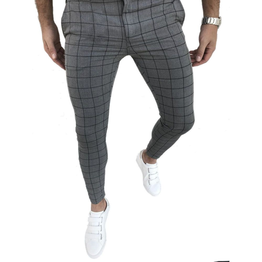 2020 Men'S Fashion Plaid Pants Slim Fit Straight Leg Trousers Casual ...