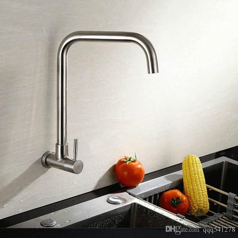 Wall Mounted Kitchen Single Cold Faucet Stainless Steel Brushed Sink Water Tap 360 Degree Rotatable Quality Tapware