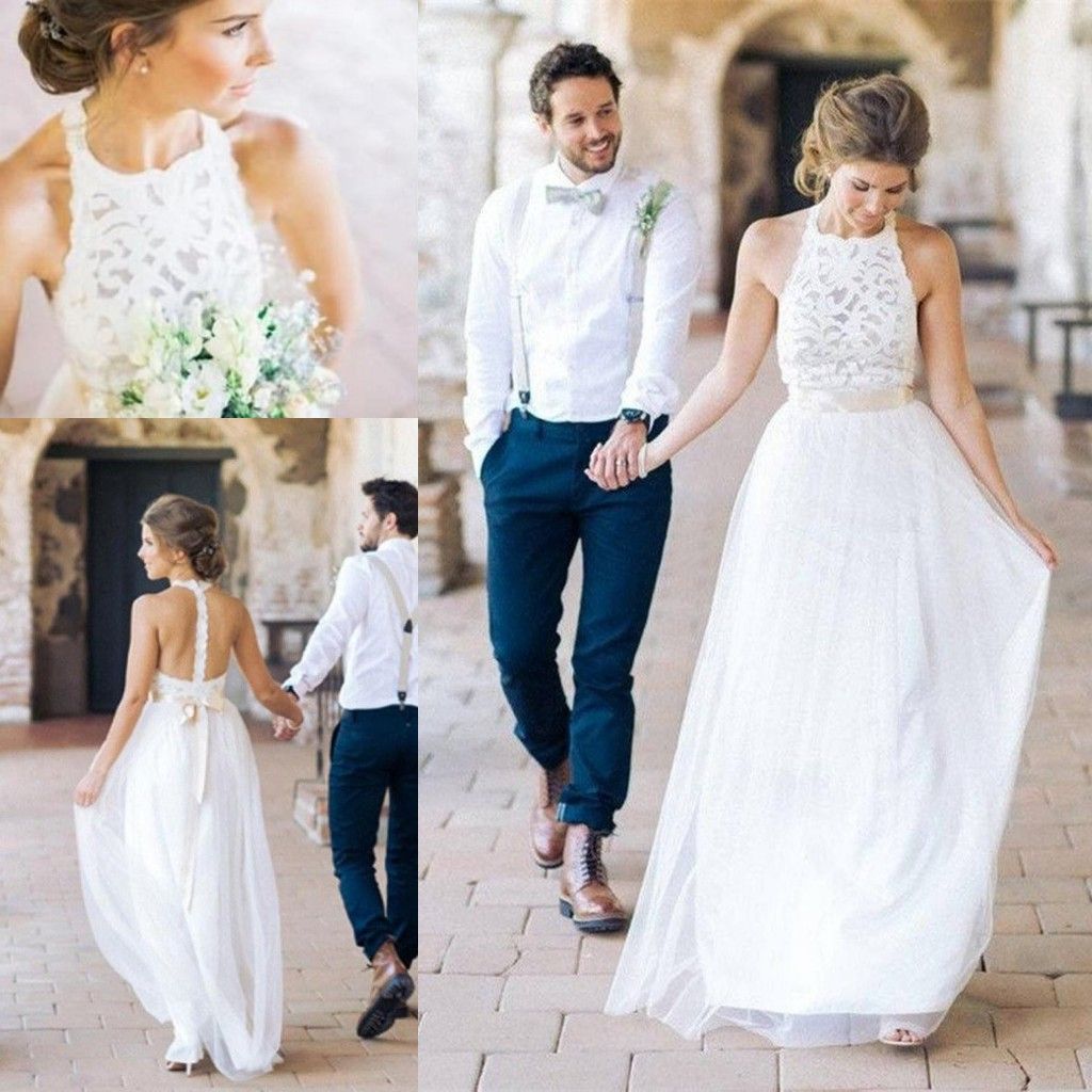 Discount 2019 Cheap Halter Neck Lace A Line Beach Wedding Dresses