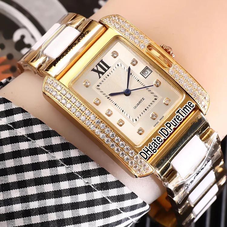 New WT100028 Two Tone Yellow Gold Diamond Bezel Silver Texture Dial