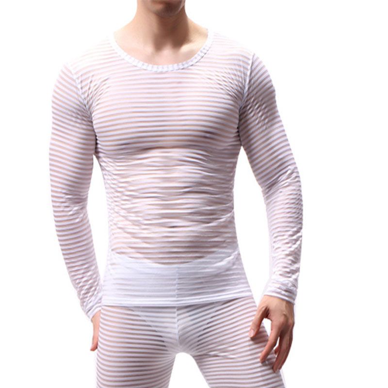 2020 Sexy Mesh T Shirt Mens Transparent Undershirt New Long Sleeve See ...