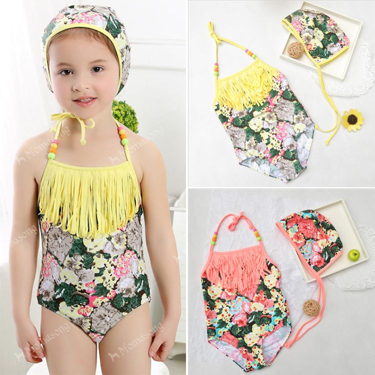 Baby Girl One Piece Swimsuit Beach Wear Striped Flamingo Tassels Swimwear Cute Headband Summer Bathing Suits