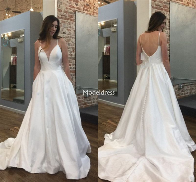Discount Elegant Wedding Dresses Spaghetti Backless A Line Sweep