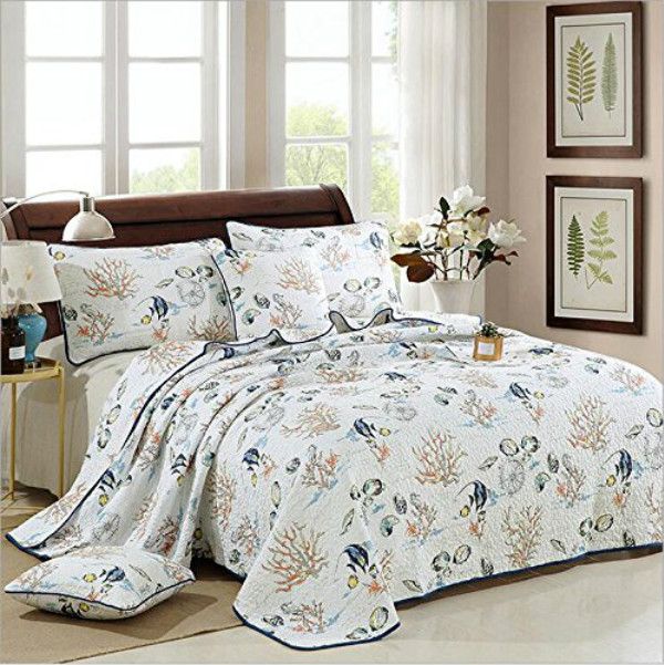 WINLIFE Bedspread King 100 Cotton Seashells Quilted Bedspread