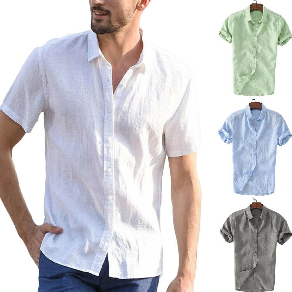 2020 Mens Linen Short Sleeve Summer Solid Shirts Casual Loose Dress ...