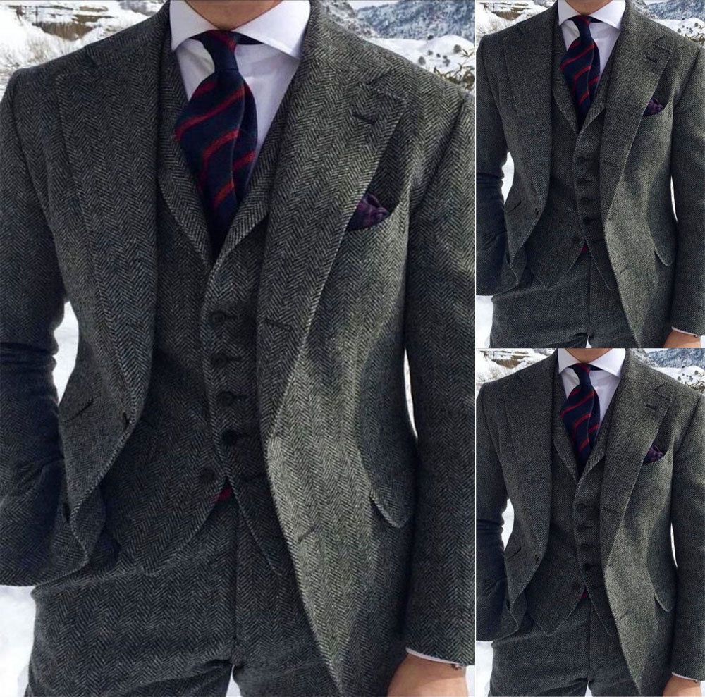 Mens Grey Suits Tweed Suit Herringbone Wool Blend Vintage Peaky Blinder