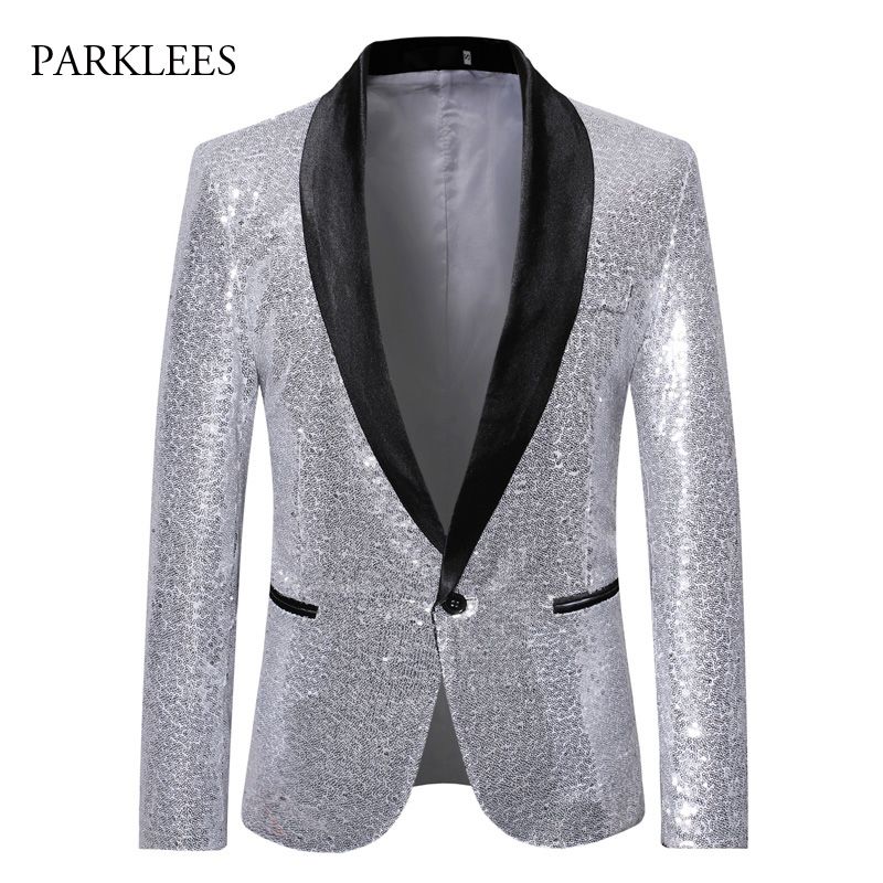2019 Silver Sequins Men Blazer Shiny Sparkle Glitter Stage Perform Show