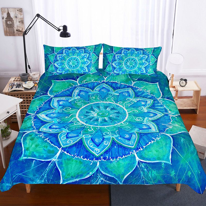 Full//Queen or King Boho Mandala Blue Teal Bedding Comforter 3 Pc Cotton Set