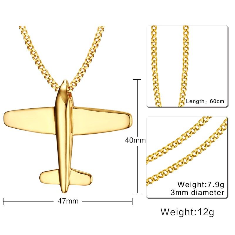 Wholesale Mens Stainless Steel Airplane Pendant Necklace Gold Color Aircraft 24 Chain PN 678