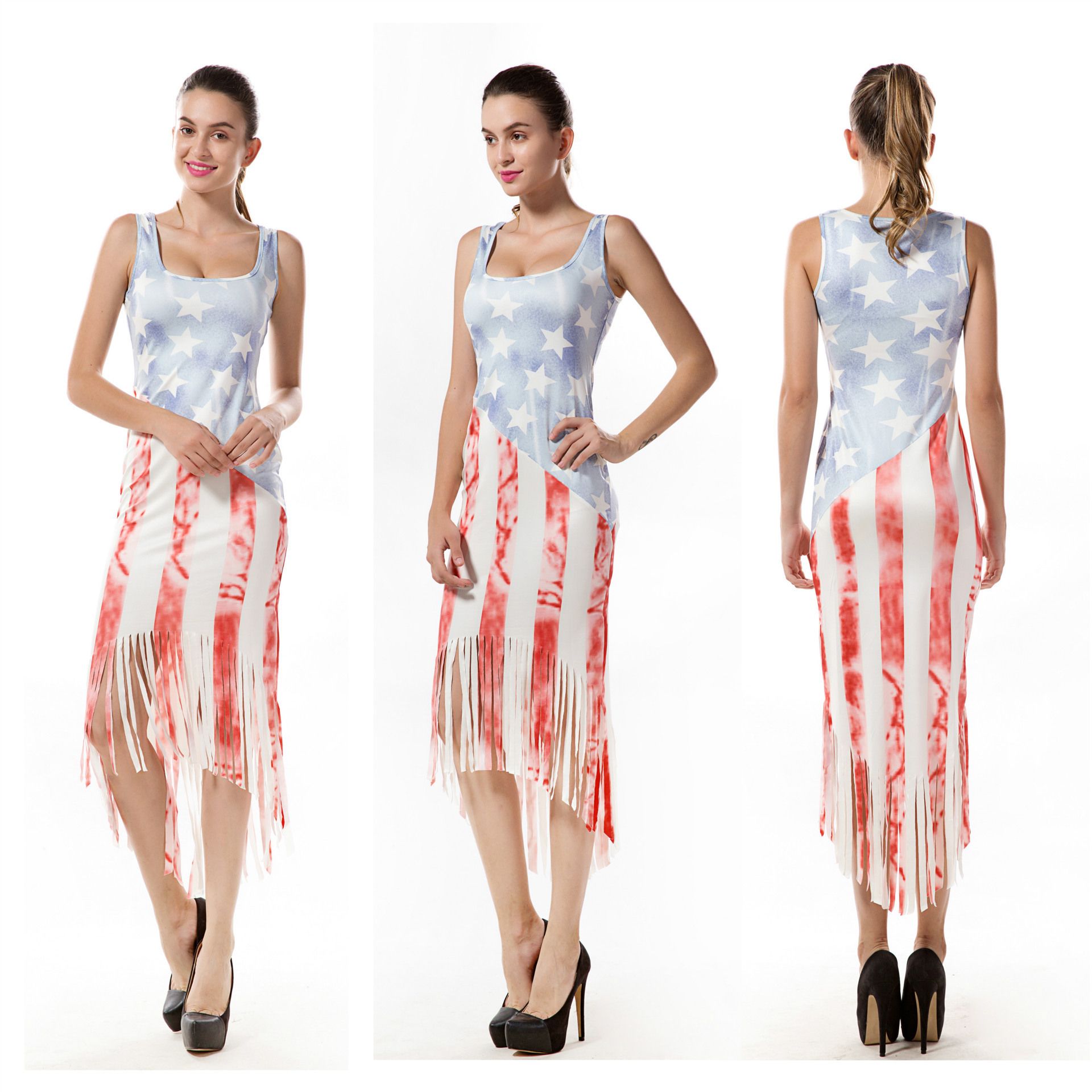 Women Ladies Stars Stripe Maxi Dress Tassels 4th Of July Party