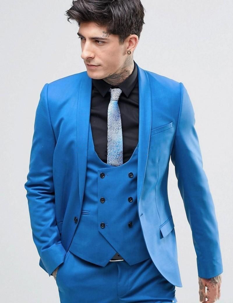 Bright Blue Suits Three Pieces Blazer+Pant+Vest Wedding