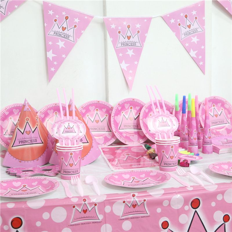 162pcs Lot Princess Theme Cups Kids Favors Crown Straws Banners Baby Shower Tablecloth Birthday Party Decoration Set Plates Supplies
