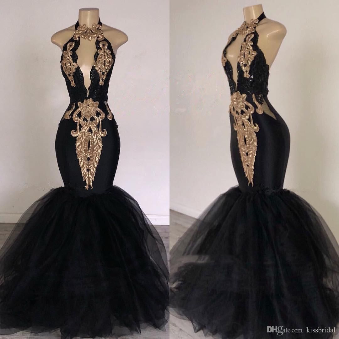 New Sexy Black Mermaid Prom Dresses High Neck Lace Appliques Tulle