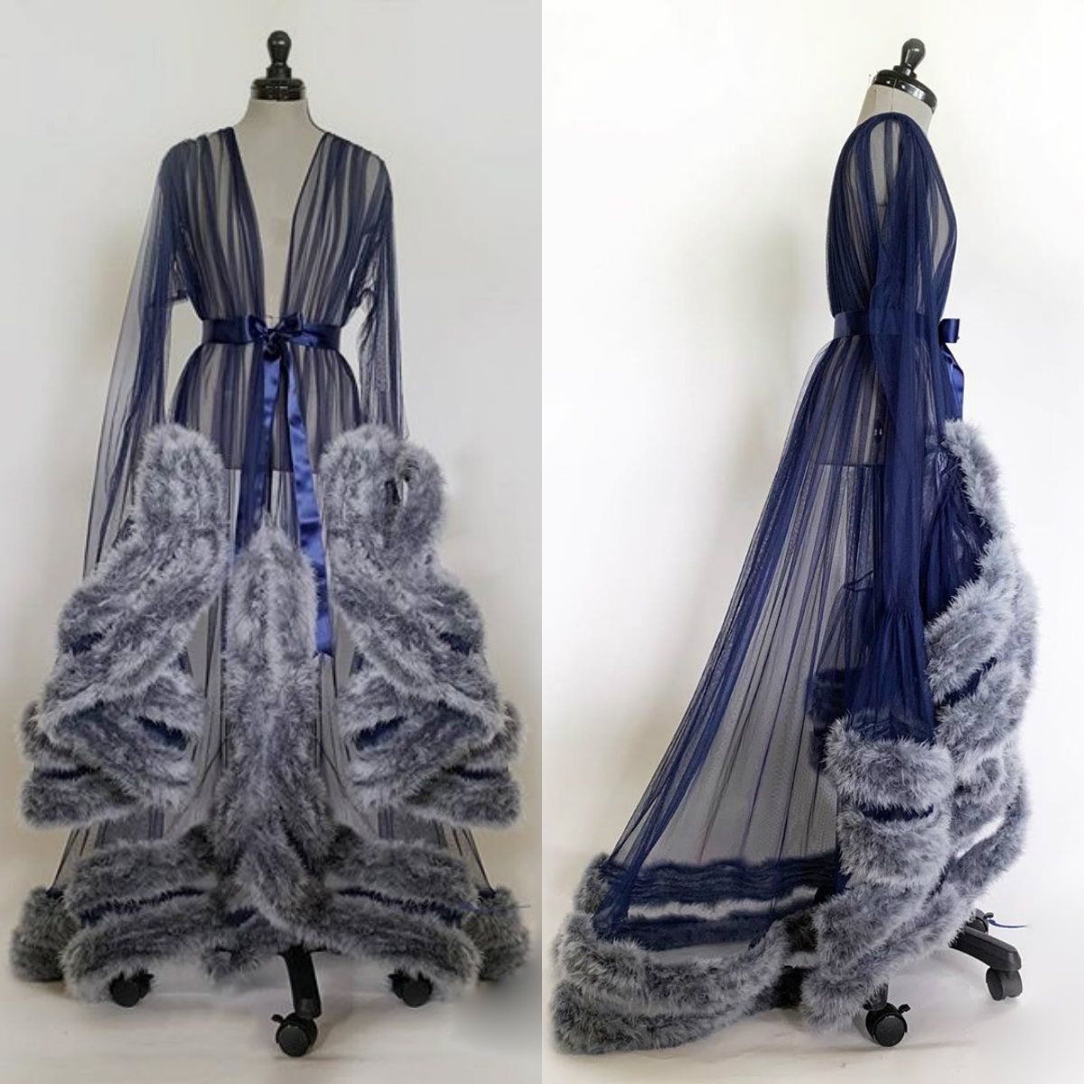 Wedding Robes Sheer Fur Tulle Customized Women Bathrobe V Neck