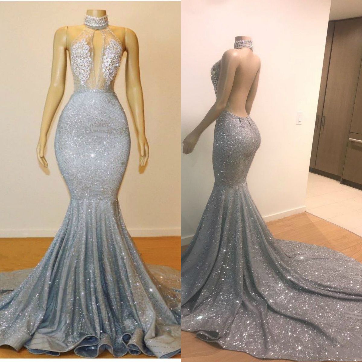 2019 Glitz Sparkly Silver Prom Dresses Sheer High Neck Backless Mermaid ...