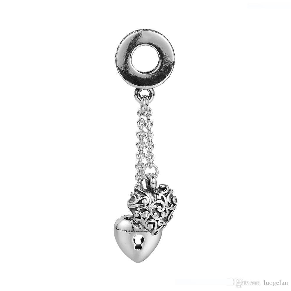 European Silver Heart Dangle Tassel Charms Bead Pendant Fits S925 Bracelet Chain