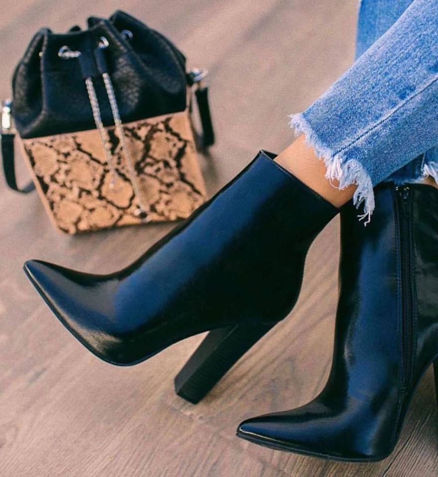 Plus Size 35 To 42 Black PU Leather Chunky Heel Pointed Ankle Booties ...