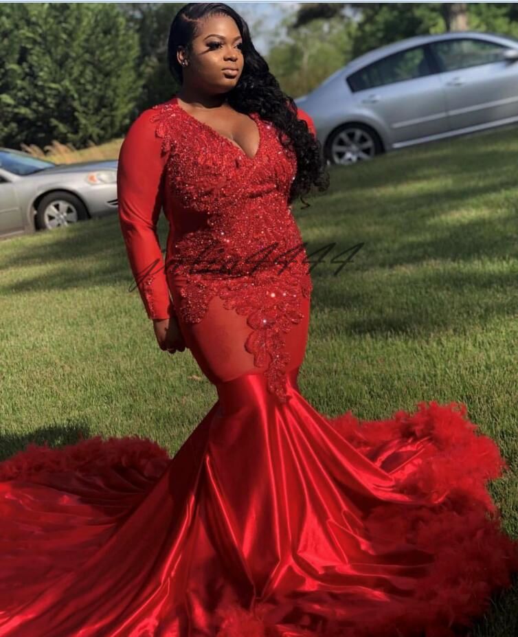 2019 Red Feather Mermaid Prom Dresses Appliqued South Africa Formal ...
