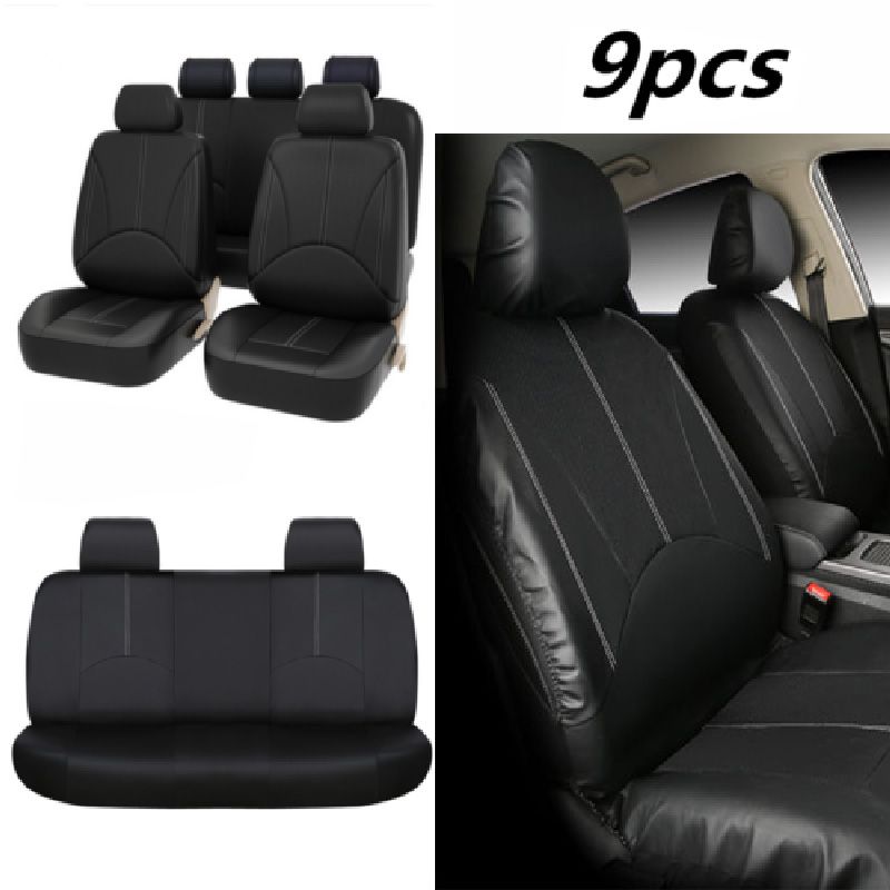 9pcs Black Pu Leather Car Seat Cover Full Set Front Rear Cushion Mat Protector