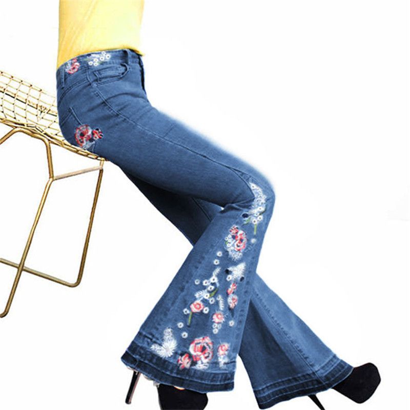 Compre Mujeres Bordado Flare Jeans Disenador De Moda Blanqueado