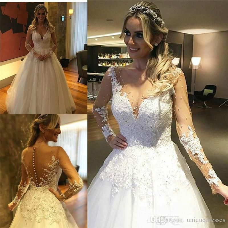Discount Illusion Back Long Wedding Dresses With Sheer Long Sleeves