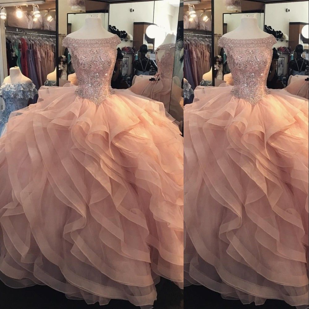 Peach Quinceanera Dresses Ball Gown Off Shoulder Crystal Beaded Tiered
