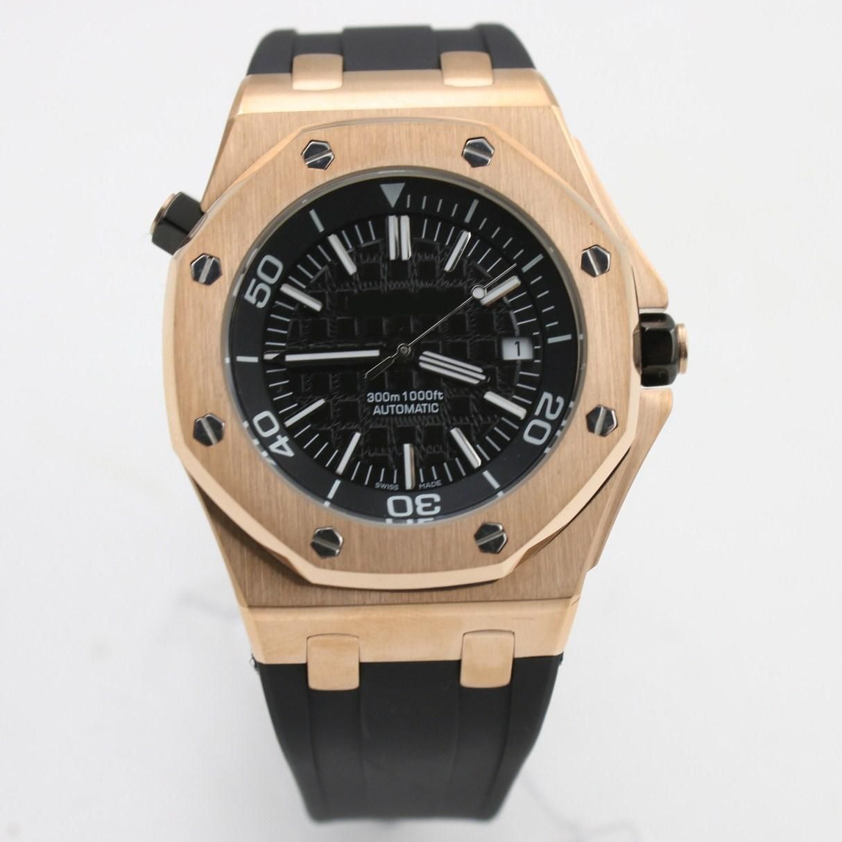 Top Selling Watch Men Black Dial Rubber Band Gold Stainless Steel
