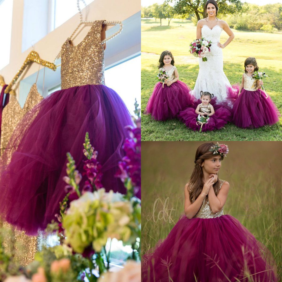purple and gold flower girl dresses