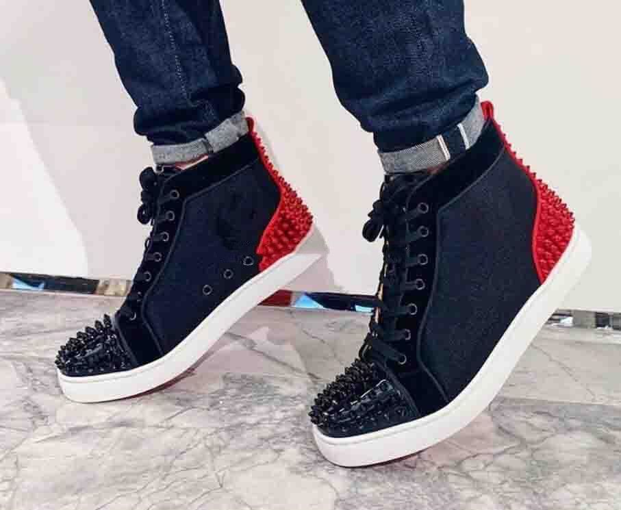 Men Women Red Bottom Shoes Black Suede Leather With Sliver Spikes Toe Back Hi Top Sneakers ...