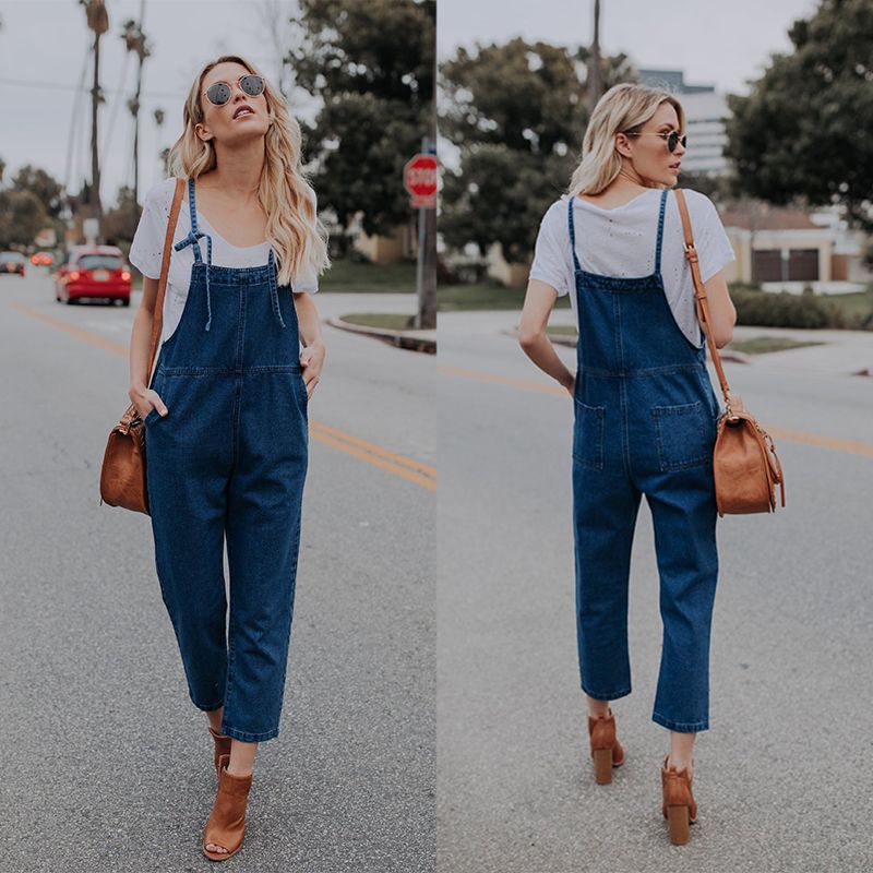Acheter Femmes 2019 New Boyfriend Rompers Jeans Femme Bleu Marine Street Style Denim Combinaisons Loose Fit Pantalon Une Pièce Pour Dames De $18.5 Du