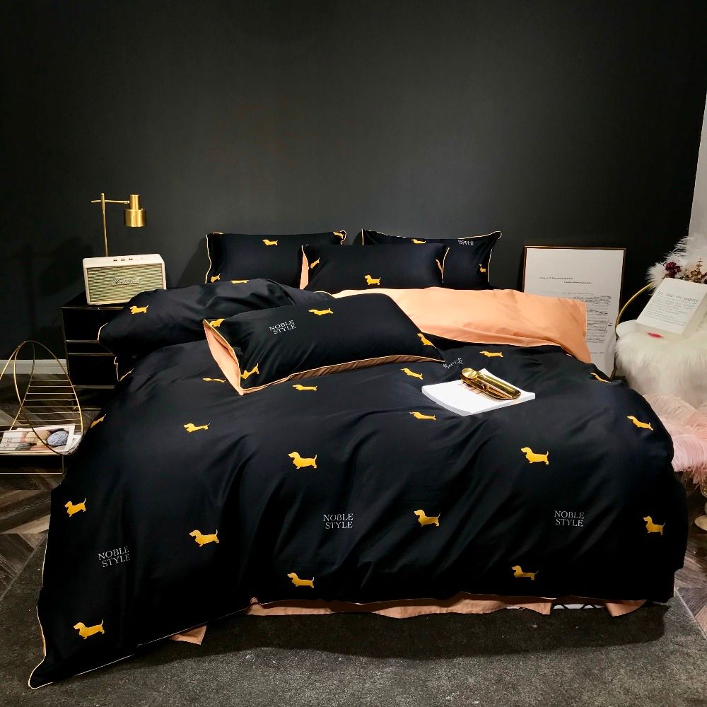 100 Cotton Sateen Bed Linen Double Queen King Size Bedding Set 60s 100 Cotton Sateen Bed Linen Double Queen King Size Bedding Set 60s Luxury Black Duvet Cover With Dachshund Print Sheets Bedroom Comforter Sets Contemporary