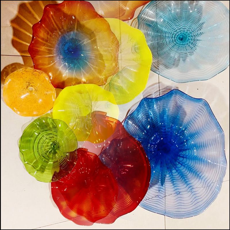 Multi Color Mouth Blown Glass Wall Plates Hotel Lobby Decor Art Custom Made Murano Chihuly Style
