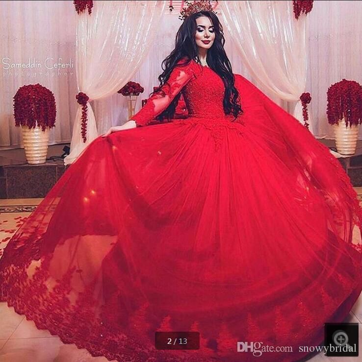 Robe De Bal Rouge Manches Longues Robes De Mariée En Tulle Avec Couleur Robes De Mariée Non Blanches Perles Dentelle Princesse Arabe Coloré Robes De
