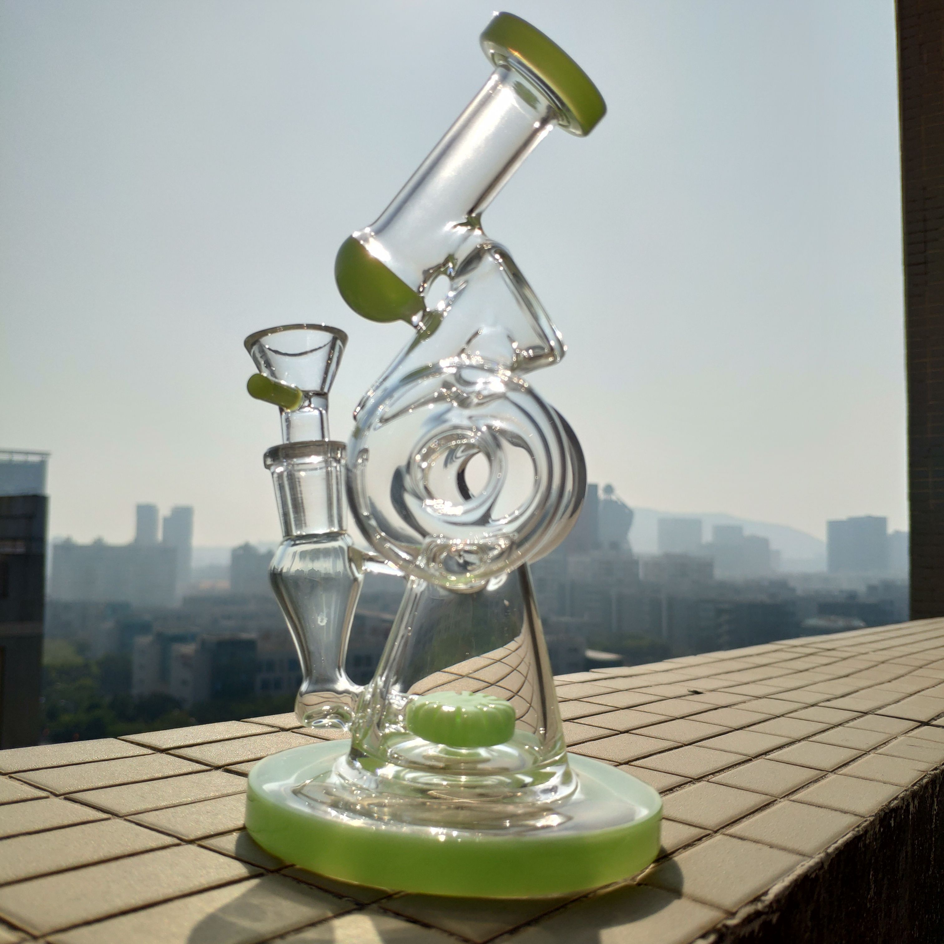 2020 New Unique Double Recycler Glass Bong Slitted Donut Perc