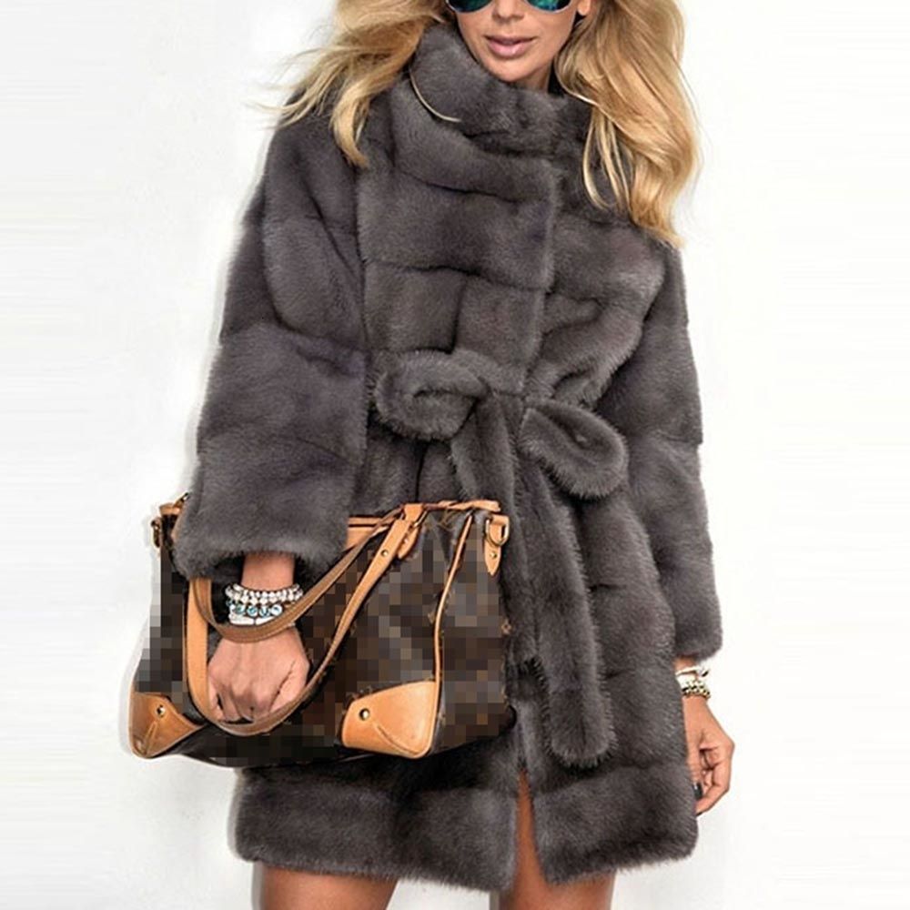 Womens Elegant Faux Mink Fur Hooded Mid Long Jacket winter Warm Coat Overcoat