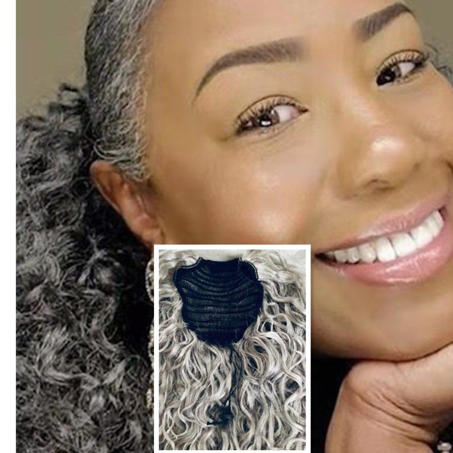 European Remy Ponytail Hairpiece Wavy Curly Silver Grey Balayage